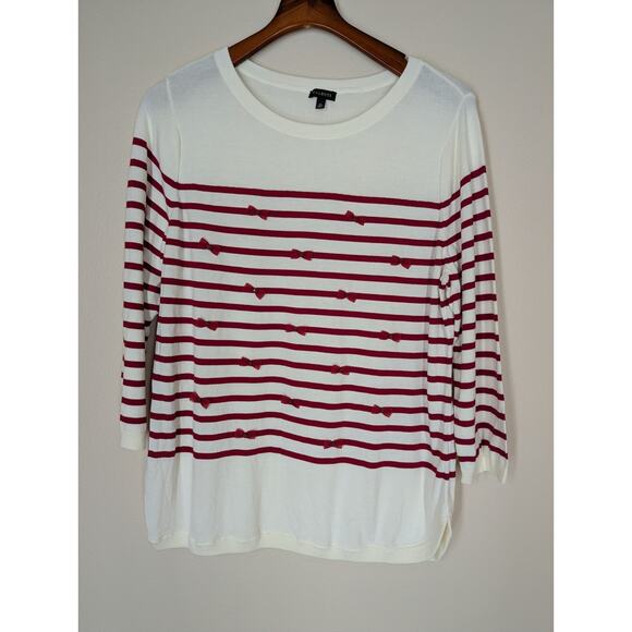 Talbots Lightweight Sweater Ivory with Red Stripes Mini Bows 3/4 Sleeves Size XL - Picture 3 of 11